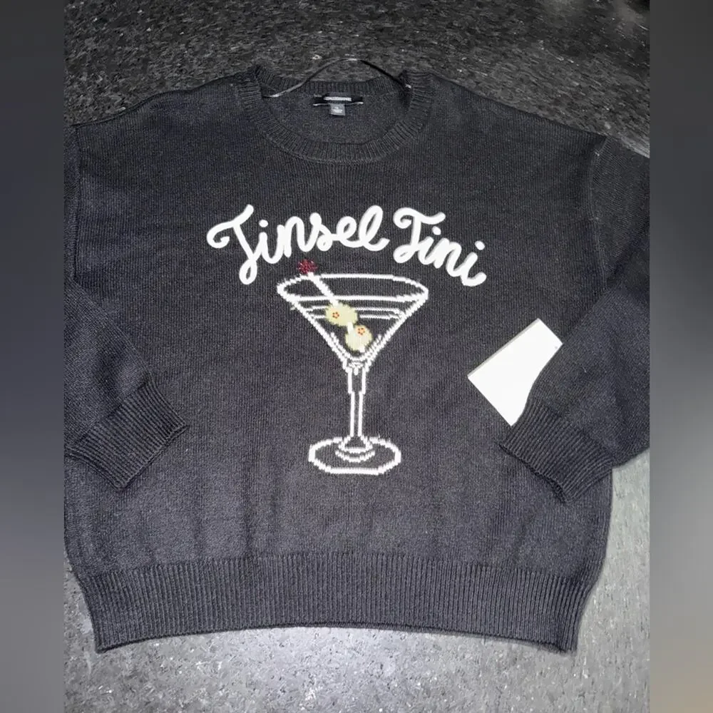 NEW ANTHROPOLOGIE CALLIGRAPHIE BLACK MARTINI GLASS OLIVES RED BLING SWEATER L